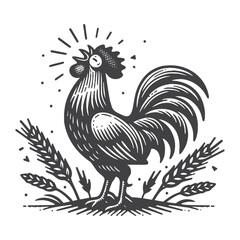 Naklejka premium Vintage Hand-Drawn Chicken with Rooster Crowing Illustration – Farm Bird Engraved Style Vector for T-Shirts, Posters, Stickers, and Rural Themes Apparel