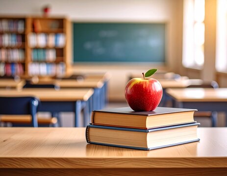 an apple for teacher a pile of books in a classroom with an apple on top, copy space, school background, back to school 