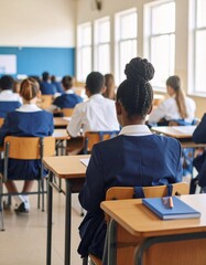 pupil or slender sitting an exam, examination hall in school or college 