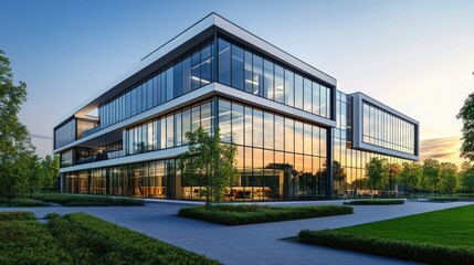 Modern glass and white office building at golden hour dusk
