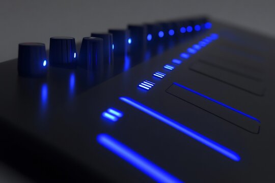 Multiverse control panel UI knobs and switches floating above white surface clean tech concept