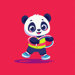 A cute panda kid is shown with a hula hoop while doing fitness exercises, depicted as a funny cartoon character isolated on a modern background