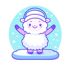 A cartoon lamb character in a yoga pose appears adorable and amusing, set against a plain background