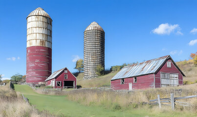 Rustic red barns and silos on a hillside farm