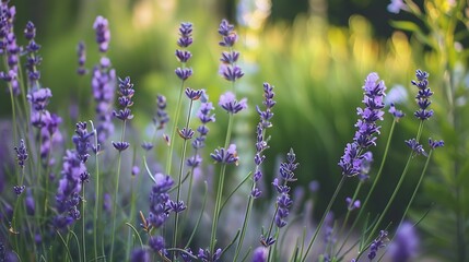 Fototapeta premium Purple Lavender Flowers Blooming In Green Garden Under Soft Sunlight