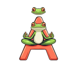 Naklejka premium A cartoon frog in a cute pose, practicing yoga meditation and enjoying a spa day for a healthy lifestyle, represented as a flat style icon illustration of a premium modern logo mascot for animals
