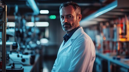 Obraz premium A middle-aged European man in a lab coat poses in a modern laboratory setting. The serious expression and professional attire highlight the themes of research and science.
