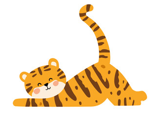 Modern illustration of a cartoon animal character practicing Uttana Shishosana yoga, depicted as a Chinese tiger in an extended puppy pose, conveying a simplified concept of sport life through