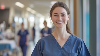 Obraz premium A young European female nurse is smiling while wearing scrubs in a modern hospital setting. Her cheerful demeanor reflects dedication to patient care.