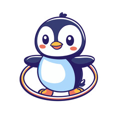 Modern cartoon illustration of a cute penguin playing with a hula hoop, representing a premium modern icon concept in a flat style