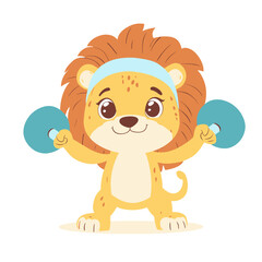 Fototapeta premium Modern cartoon character of a cute lion with dumbbells isolated on a white background