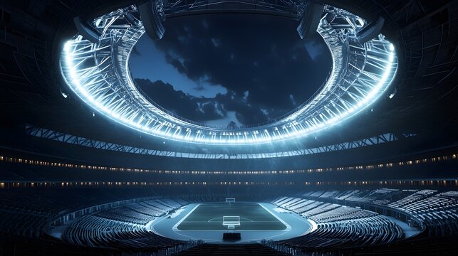 Soccer stadium at night illuminated with bright lights and empty seats for sports event