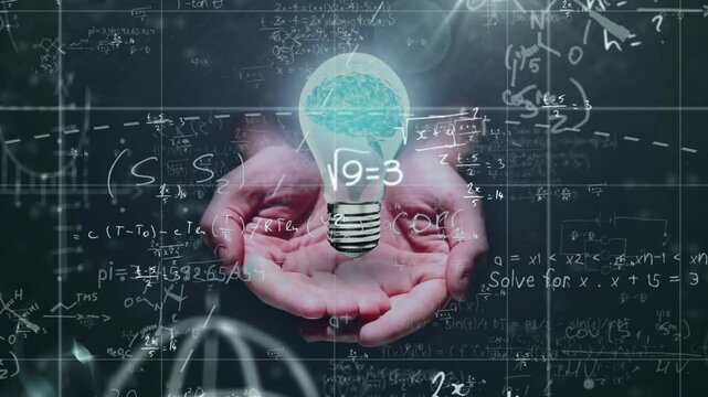 Hands holding glowing light bulb containing brain, overlaying chalkboard formulas in 3D render