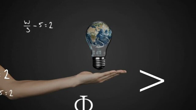 Floating glass lightbulb holding Earth while chalk formulas swirling around dark backdrop