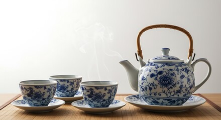 A tranquil image of a tea set with steam rising, placed neatly on a mat, centered on a clean white background
