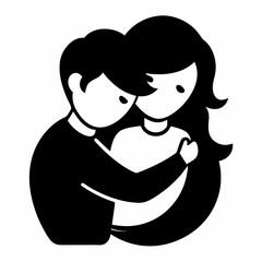 Romantic embrace of two lovers black and white icon on white background.