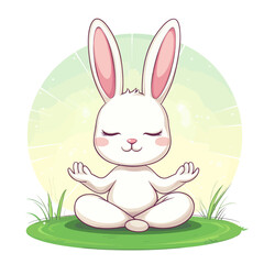 Fototapeta premium A cartoon rabbit doing yoga for meditation is depicted as cute, with an adorable bunny character, and is part of a kawaii animal concept design on a white background as a modern illustration mascot