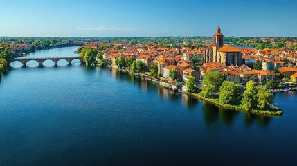 Obraz premium Panoramic view of a European city by a river.