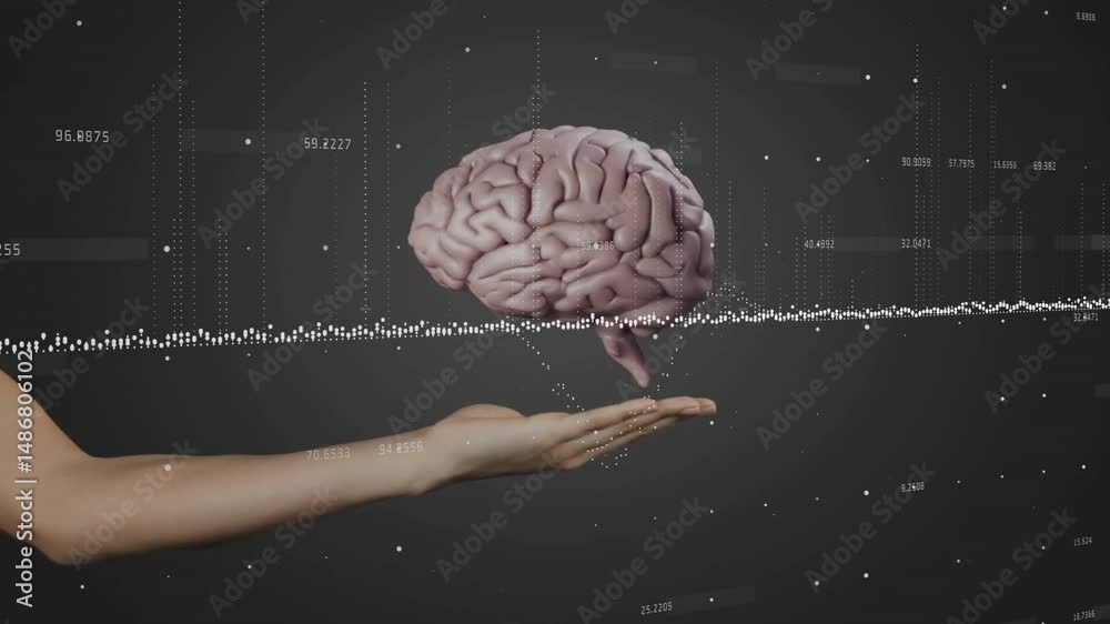 Poster bare forearm supporting floating 3d brain, displaying data points and dotted lines on gray gradient