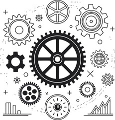A collection of stylized gears and mechanisms in black and white, representing engineering concepts.