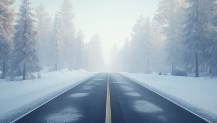 Snowy road through a misty pine forest