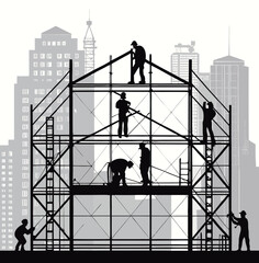 Silhouette of construction workers building a scaffold in an urban setting.