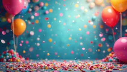Colorful confetti raining down on a vibrant party scene with balloons and streamers , design element, graphic, festive background