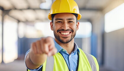 Construction worker pointing smiling brightly