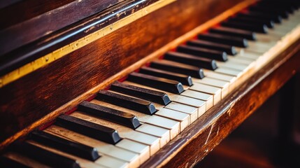 Vintage piano keys close up aged wood texture musical instrument detail