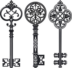 Three ornate vintage keys featuring intricate designs and patterns.