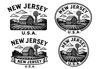 Vintage emblem featuring agricultural themes and rustic landscapes in New Jersey with a focus on heritage and craftsmanship