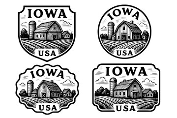 Exploring vintage emblems featuring rustic barns and landscapes from Iowa's countryside in classic engraved design