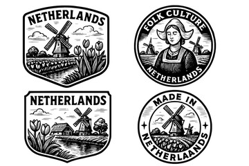 Fototapeta premium Emblems showcasing the rich heritage and landscape of the Netherlands with engraved illustrations of windmills and folk culture