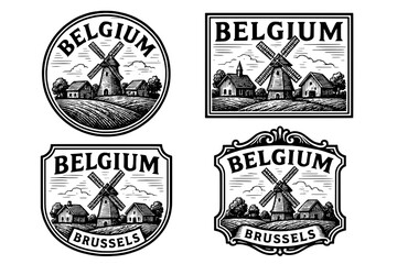 Obraz premium Vintage engraved logo collection showcasing iconic windmills and rural landscapes of Belgium, representing cultural heritage and artistry