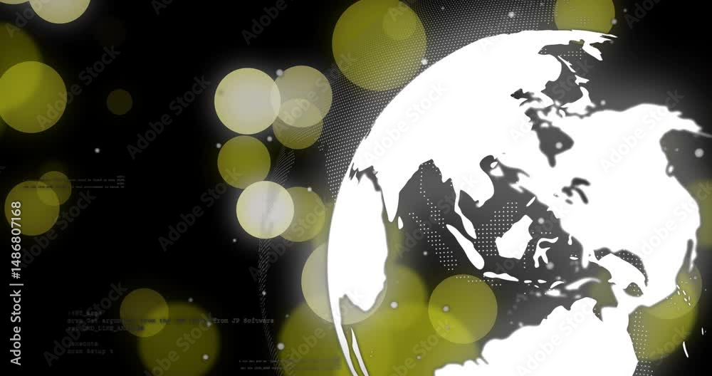 Poster stylized white globe floating on dark void in 3d with glowing yellow bokeh and code fragments