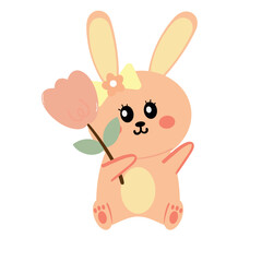 Cute hand drawing cartoon bunny holding pink tulip flower. cute animal drawing for sticker and icon