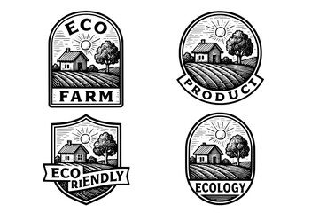Fototapeta premium Vintage engraved emblems featuring eco-friendly themes and farm landscapes showcasing sustainability and nature
