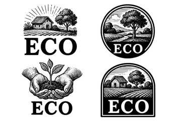 Vintage eco-themed logos showcasing nature and sustainability with engraved illustrations in a timeless design style