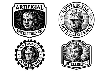 Obraz premium Vintage engraved illustrations showcasing artificial intelligence emblems in a unique logo design celebrating innovation
