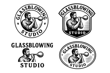 Obraz premium Vintage glassblowing studio emblem featuring an engraved illustration of a skilled craftsman at work