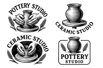Engraved vintage emblems showcasing pottery and ceramic craft in an artistic collection