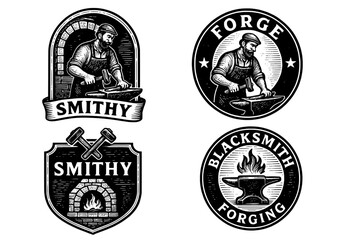 Obraz premium Vintage blacksmithing emblem collection showcasing intricate design and craftsmanship in engraved style