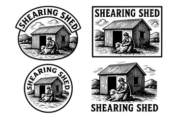 Craftsmanship in vintage engraving showcases a skilled shearer tending to a sheep outside a rustic shed