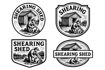 Vintage engraved logos featuring a shearing shed and farmer tending sheep in timeless design