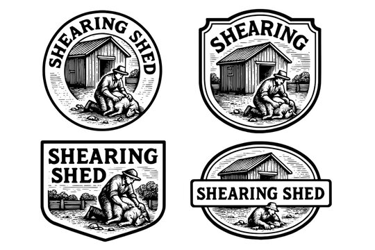 Vintage engraved logos featuring a shearing shed and farmer tending sheep in timeless design