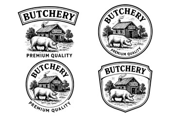 Obraz premium Vintage engraved butchery logo collection featuring iconic hog illustrations and rustic quality design elements