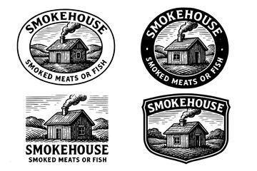 Explore vintage emblems showcasing rustic smokehouse designs for imaginative branding and product development in a timeless collection