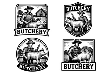 Vintage collection of engraved butchery emblems reflecting artisan craftsmanship and farm life in rustic settings