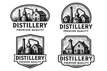 Vintage engraved logo collection featuring distillery emblems highlighting premium quality craftsmanship