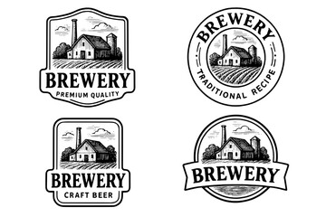 Vintage brewery logo set featuring engraved illustrations of rustic scenes and classic typography for premium craft brands